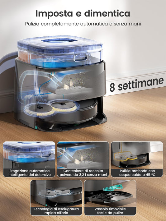 Lefant M3 Robot Aspirapolvere e Lavapavimenti con Mappatura, Laser dToF 360°, 12000Pa, Stazione All-in-One, Autosvuotamento 3.2L, Lavaggio Mop 45°C, Ostacoli PSD, WiFi 2.4G/5G, Alexa/APP