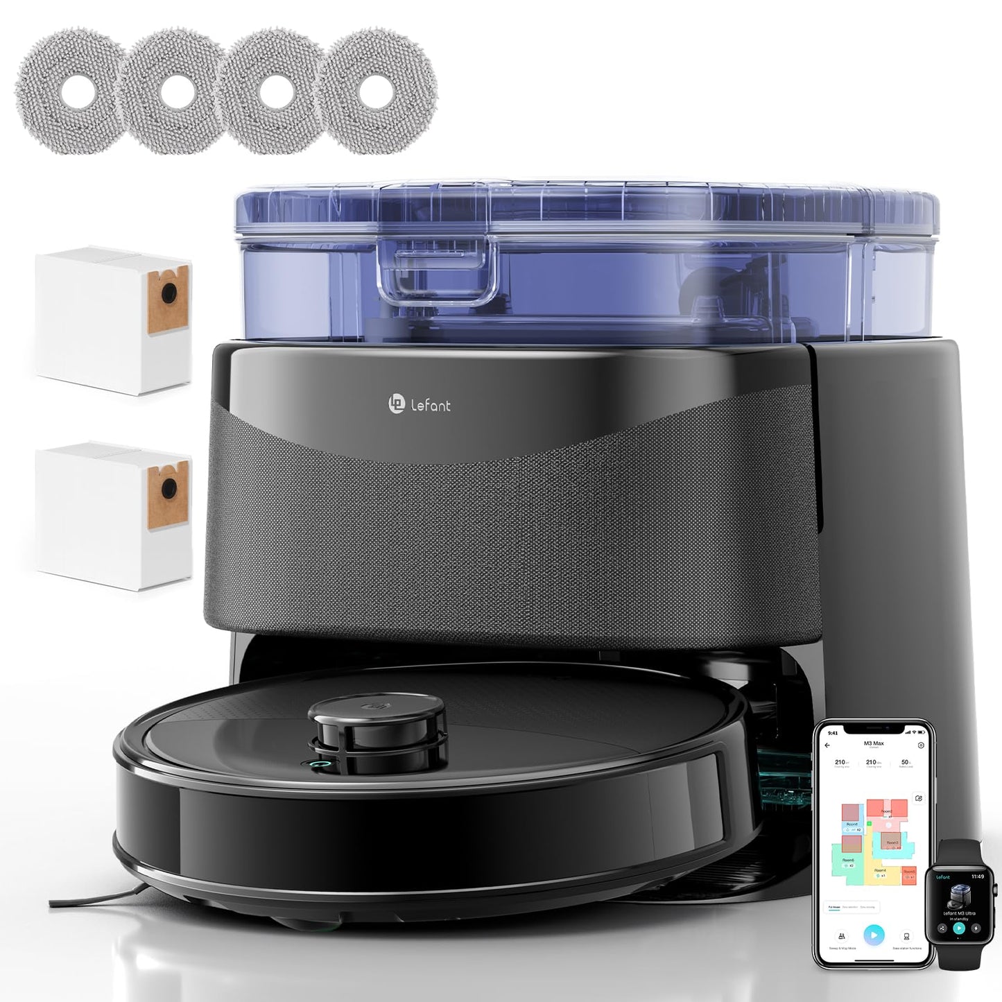 Lefant M3 Robot Aspirapolvere e Lavapavimenti con Mappatura, Laser dToF 360°, 12000Pa, Stazione All-in-One, Autosvuotamento 3.2L, Lavaggio Mop 45°C, Ostacoli PSD, WiFi 2.4G/5G, Alexa/APP