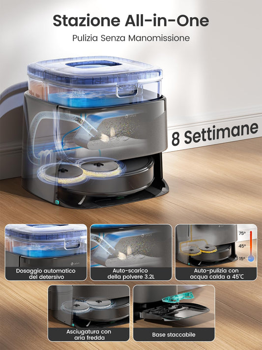 Lefant M3Max Robot Aspirapolvere Lavapavimenti con Mappatura, dToF 360°, 20000Pa, Doppio Mop Rotante, Auto-Svuotamento 3.2L, Lavaggio Mop 45°C e Asciugatura, PSD, WiFi 2.4G/5G, Alexa/APP