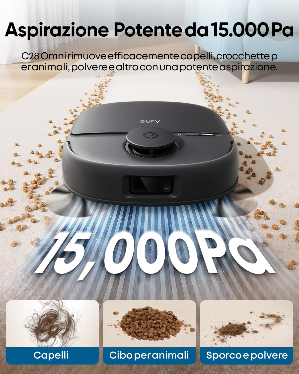 eufy C28 Robot Aspirapolvere con rullo Autopulente HydroJet, Spazzola DuoSpiral anti-groviglio, Aspirazione Turbo da 15.000 Pa, Robot 5 in 1 con Aspirazione e Al per I'evitamento Ostacol