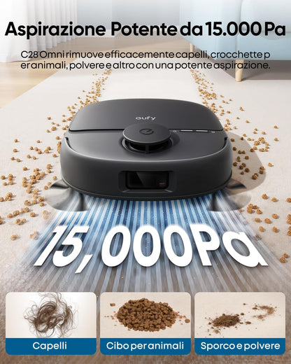 eufy C28 Robot Aspirapolvere con rullo Autopulente HydroJet, Spazzola DuoSpiral anti-groviglio, Aspirazione Turbo da 15.000 Pa, Robot 5 in 1 con Aspirazione e Al per I'evitamento Ostacol