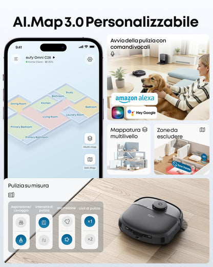 eufy C28 Robot Aspirapolvere con rullo Autopulente HydroJet, Spazzola DuoSpiral anti-groviglio, Aspirazione Turbo da 15.000 Pa, Robot 5 in 1 con Aspirazione e Al per I'evitamento Ostacol