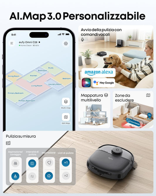eufy C28 Robot Aspirapolvere con rullo Autopulente HydroJet, Spazzola DuoSpiral anti-groviglio, Aspirazione Turbo da 15.000 Pa, Robot 5 in 1 con Aspirazione e Al per I'evitamento Ostacol