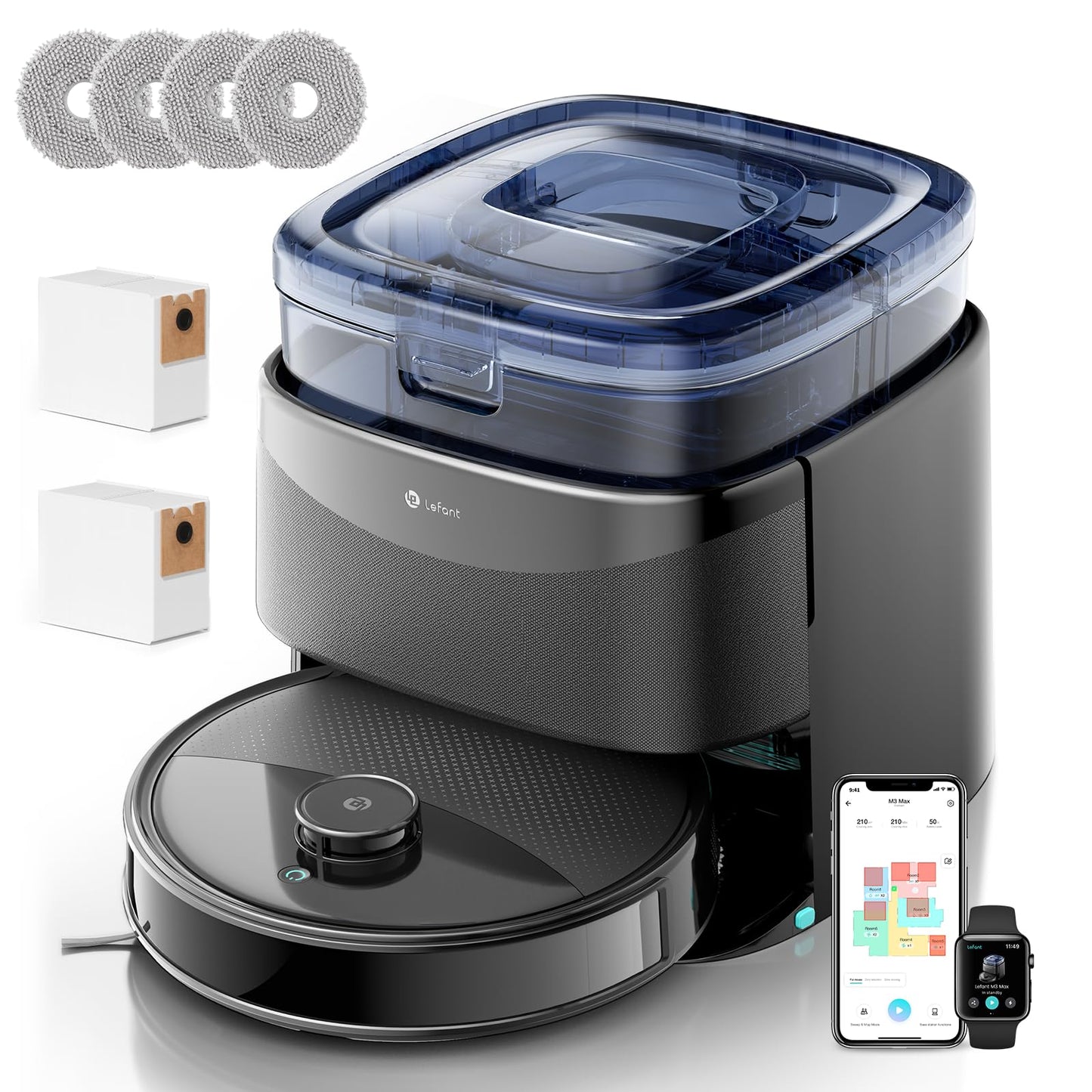Lefant M3Max Robot Aspirapolvere Lavapavimenti con Mappatura, dToF 360°, 20000Pa, Doppio Mop Rotante, Auto-Svuotamento 3.2L, Lavaggio Mop 45°C e Asciugatura, PSD, WiFi 2.4G/5G, Alexa/APP
