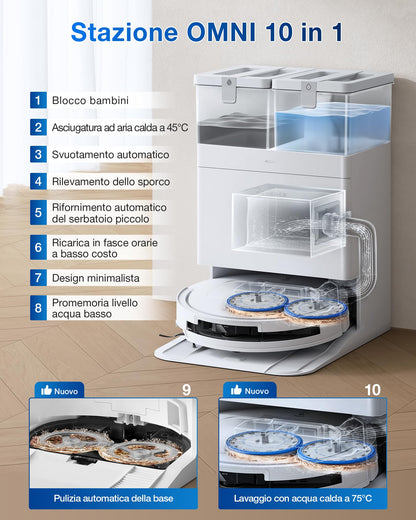ECOVACS DEEBOT T50 OMNI Gen2 Robot Aspirapolvere Lavapavimenti, (Migliorato da T30 PRO), 21000 Pa, Spazzola Laterale Estensibile e Lavapavimenti, lavaggio con acqua calda a 75 ℃, Ultrasottile 81 mm