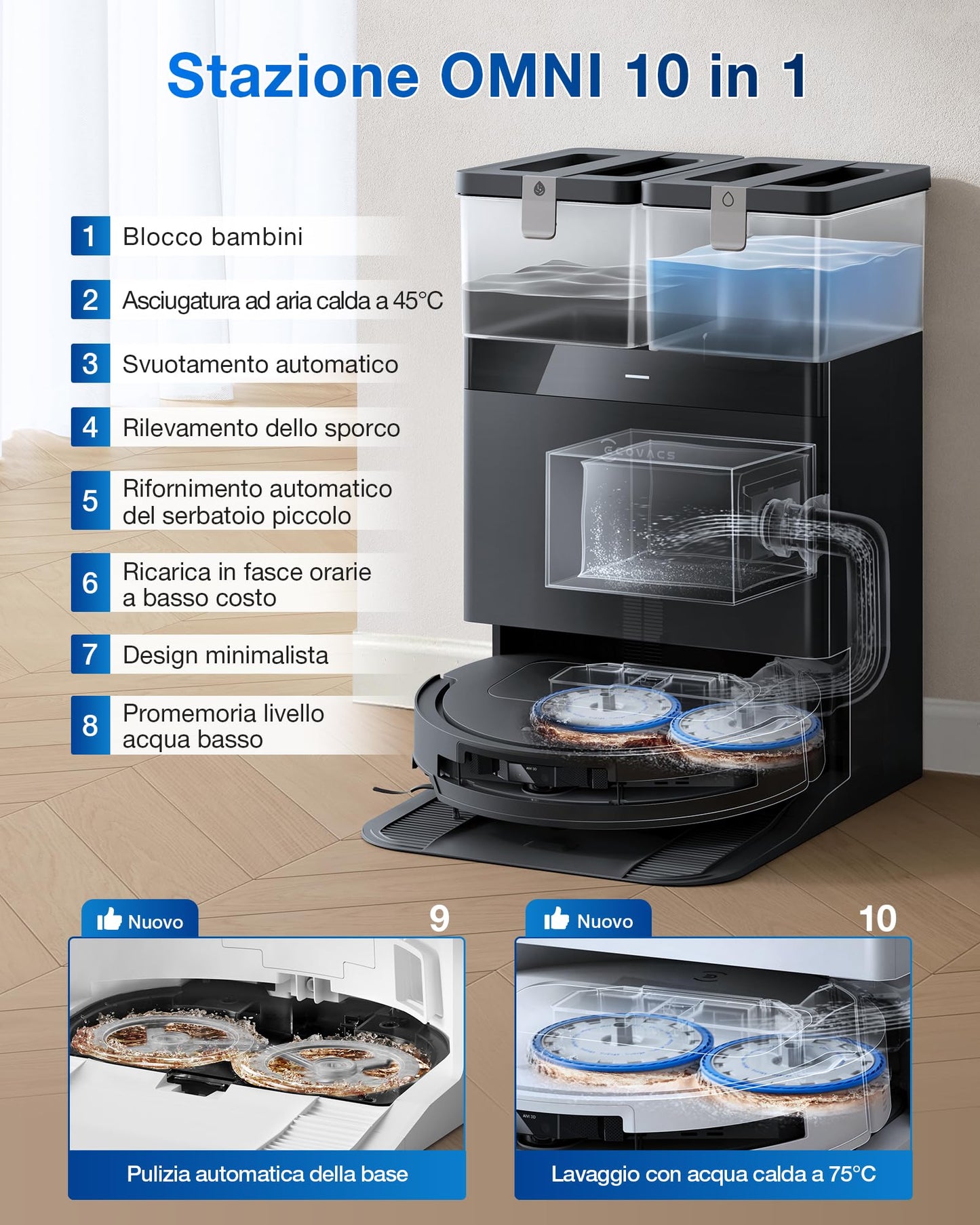 ECOVACS DEEBOT T50 OMNI Gen2 Robot Aspirapolvere Lavapavimenti, (Migliorato da T30 PRO), 21000 Pa, Spazzola Laterale Estensibile e Lavapavimenti, lavaggio con acqua calda a 75 ℃, Ultrasottile 81 mm