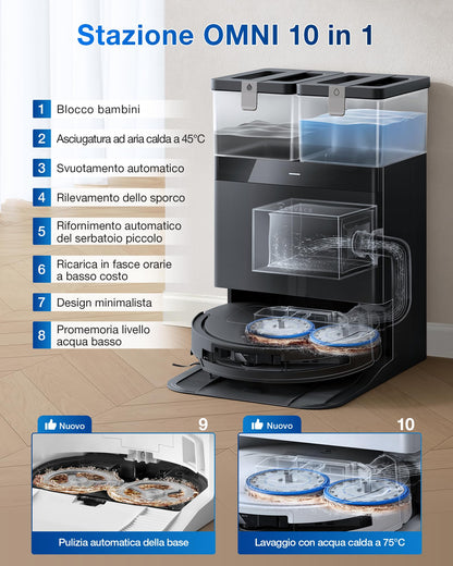 ECOVACS DEEBOT T50 OMNI Gen2 Robot Aspirapolvere Lavapavimenti, (Migliorato da T30 PRO), 21000 Pa, Spazzola Laterale Estensibile e Lavapavimenti, lavaggio con acqua calda a 75 ℃, Ultrasottile 81 mm