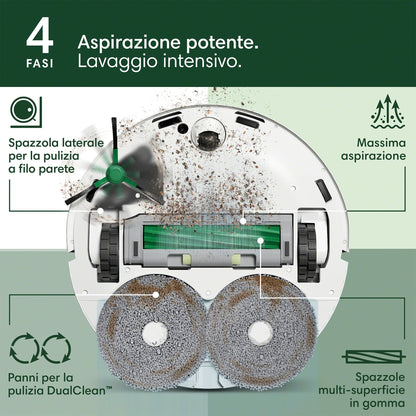 iRobot Roomba Plus 405 Combo + Stazione AutoWash, Robot Aspirapolvere Lavapavimenti, LiDAR, Rilevamento Tappeti, Previsione Pulizia Pavimento, DualClean, SmartScrub, Controllo Vocale e App, Bianco